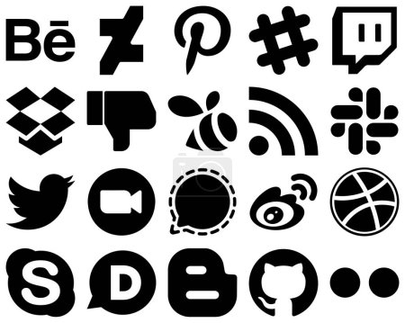 Illustration for 20 High-Quality Black Glyph Social Media Icons such as video. swarm. zoom and twitter icons. Fully editable and unique - Royalty Free Image