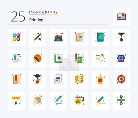 Téléchargez les illustrations : Printing 25 Flat Color icon pack including brand identity. banner. calendar. print. document - en licence libre de droit
