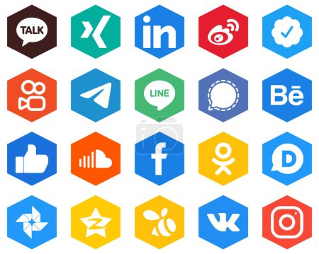 Illustration for Hexagon Flat Color White Icon Pack behance. mesenger. twitter verified badge and signal 20 Customizable Icons - Royalty Free Image