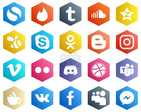 Téléchargez les illustrations : 25 Minimalistic White Icons such as instagram. blog and odnoklassniki icons. Hexagon Flat Color Backgrounds - en licence libre de droit