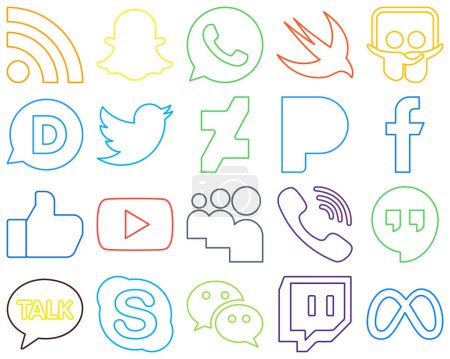 Illustration for 20 Versatile Colourful Outline Social Media Icons such as video. facebook. tweet. like and fb Versatile and high-quality - Royalty Free Image