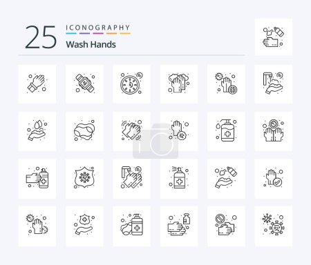 Téléchargez les illustrations : Wash Hands 25 Line icon pack including dirty. washing. clock. medical. healthcare - en licence libre de droit