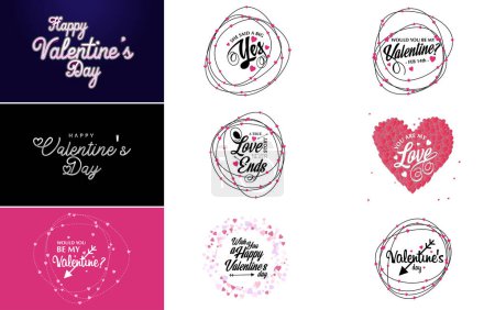Téléchargez les illustrations : Happy Valentine's Day typography design with a heart-shaped wreath and a watercolor texture - en licence libre de droit