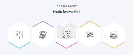 Téléchargez les illustrations : Holi 25 Line icon pack including . powder. planet. india. color - en licence libre de droit