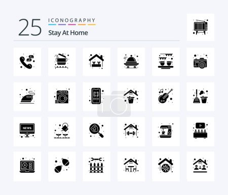 Téléchargez les illustrations : Stay At Home 25 Solid Glyph icon pack including stay. home. equipment. food. work - en licence libre de droit