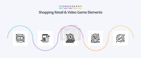 Téléchargez les illustrations : Shoping Retail And Video Game Elements Line 5 Icon Pack Including shopping. label. shopping. badge. location - en licence libre de droit