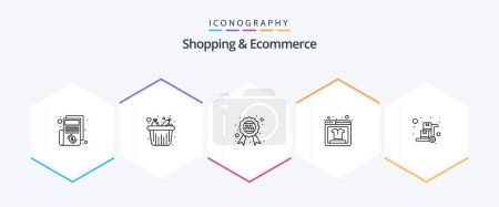 Téléchargez les illustrations : Shopping and Ecommerce 25 Line icon pack including handcart. product search. award. online shopping. offer - en licence libre de droit