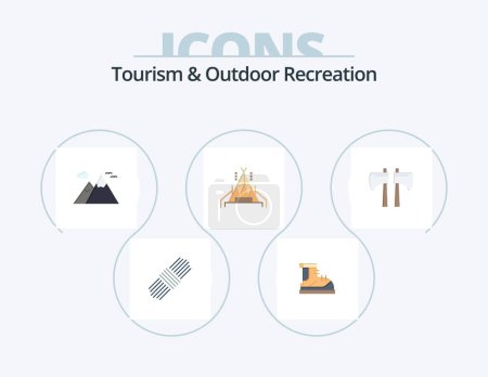 Téléchargez les illustrations : Tourism And Outdoor Recreation Flat Icon Pack 5 Icon Design. lumberjack. axe. mountains. camping. camp - en licence libre de droit