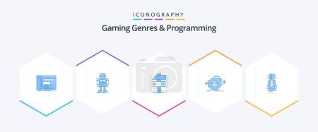 Téléchargez les illustrations : Gaming Genres And Programming 25 Blue icon pack including industry. game. robot. developer. craft - en licence libre de droit