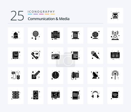 Téléchargez les illustrations : Communication And Media 25 Solid Glyph icon pack including global. invoice. online. invite. card - en licence libre de droit