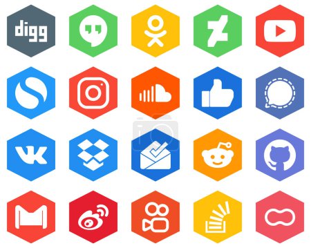 Téléchargez les illustrations : 20 Elegant White Icons signal. meta. facebook and music Hexagon Flat Color Backgrounds - en licence libre de droit