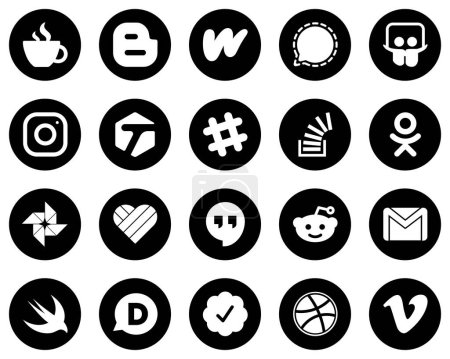 Ilustración de 20 Elegant White Social Media Icons on Black Background such as question. spotify. mesenger. tagged and meta icons. Eye-catching and editable - Imagen libre de derechos
