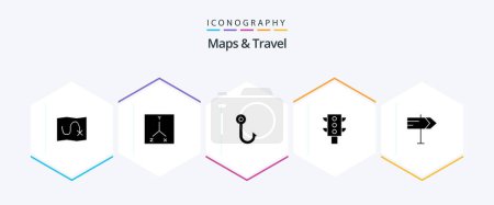 Illustration for Maps and Travel 25 Glyph icon pack including . . hook. pointer. direction - Royalty Free Image