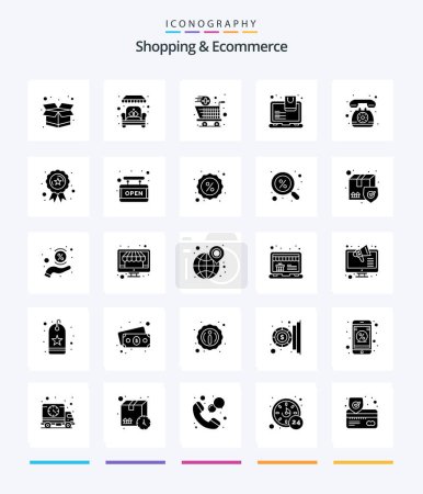 Téléchargez les illustrations : Creative Shopping And Ecommerce 25 Glyph Solid Black icon pack  Such As telephone. contact. add. bag. shop - en licence libre de droit