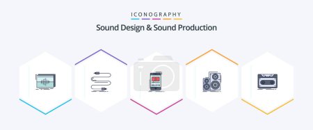 Téléchargez les illustrations : Sound Design And Sound Production 25 FilledLine icon pack including monitor. audio. sound. mobile. player - en licence libre de droit