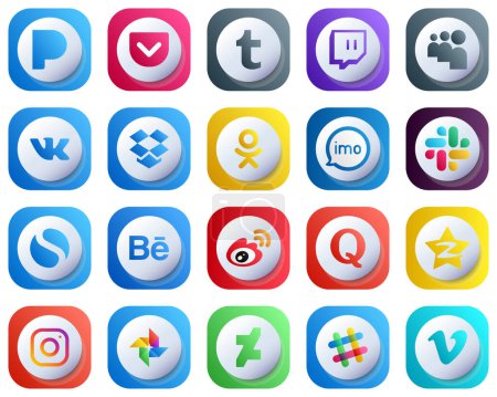 Illustration for 20 Cute Simple 3D Gradient Social Media Icons such as china. weibo. imo. behance and slack icons. Editable and High-Resolution - Royalty Free Image