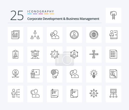 Ilustración de Corporate Development And Business Management 25 Line icon pack including manager. data. cooperation. chart. team - Imagen libre de derechos