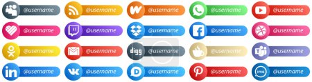 Ilustración de Social Media Platform Card Style Follow Me Icons 20 pack such as email. odnoklassniki. likee. dribbble and fb icons. Fully editable and professional - Imagen libre de derechos