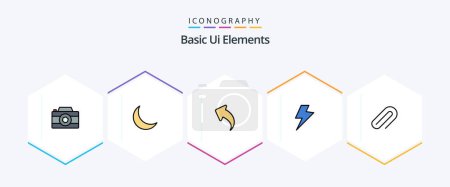 Téléchargez les illustrations : Basic Ui Elements 25 FilledLine icon pack including paper. clip. arrow. electric. power - en licence libre de droit