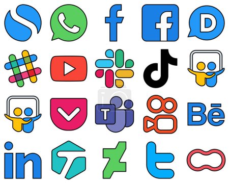 Téléchargez les illustrations : 20 High-Resolution Line Filled Social Media Icons such as microsoft team. slideshare. video and video Fully editable and clean - en licence libre de droit