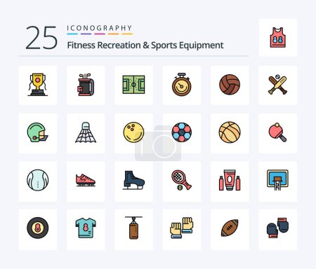 Téléchargez les illustrations : Fitness Recreation And Sports Equipment 25 Line Filled icon pack including time. sports. stick. clock. pitch - en licence libre de droit