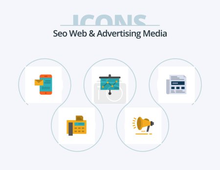 Ilustración de Seo Web And Advertising Media Flat Icon Pack 5 Icon Design. newspaper. graph. mobile. presentation. receiving sms - Imagen libre de derechos