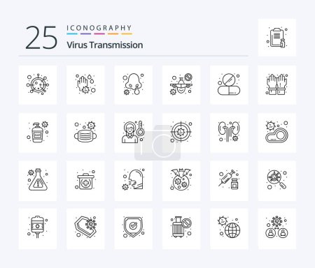 Téléchargez les illustrations : Virus Transmission 25 Line icon pack including drug. warning. cold. travel. plane - en licence libre de droit