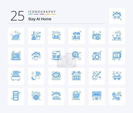 Téléchargez les illustrations : Stay At Home 25 Blue Color icon pack including photo. coffee maker. home repair. machine. coffee - en licence libre de droit