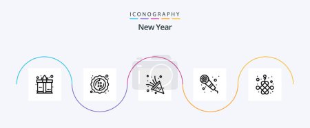 Téléchargez les illustrations : New Year Line 5 Icon Pack Including . new. firework. knot. microphone - en licence libre de droit