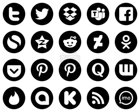 Illustration for 20 Innovative White Social Media Icons on Black Background such as quora. pocket. simple. odnoklassniki and reddit icons. Unique and high-definition - Royalty Free Image