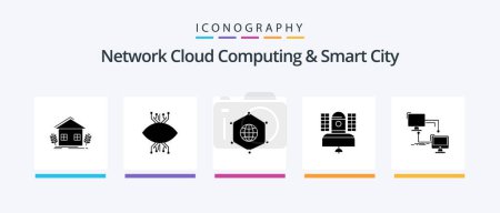 Ilustración de Network Cloud Computing And Smart City Glyph 5 Icon Pack Including broadcasting. satellite. vision. business. data. Creative Icons Design - Imagen libre de derechos