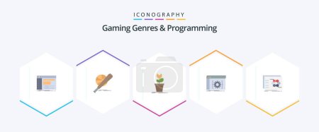 Illustration for Gaming Genres And Programming 25 Flat icon pack including app. plant. ball. obstacle. game - Royalty Free Image
