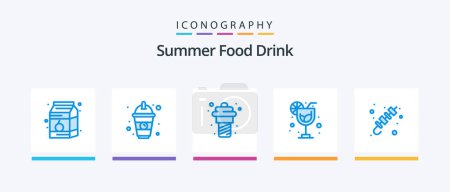 Téléchargez les illustrations : Summer Food Drink Blue 5 Icon Pack Including brochette. barbecue. yogurt. summer. drink. Creative Icons Design - en licence libre de droit