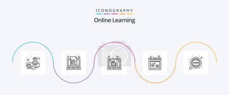 Téléchargez les illustrations : Online Learning Line 5 Icon Pack Including badge. result. notes. computer. lesson - en licence libre de droit