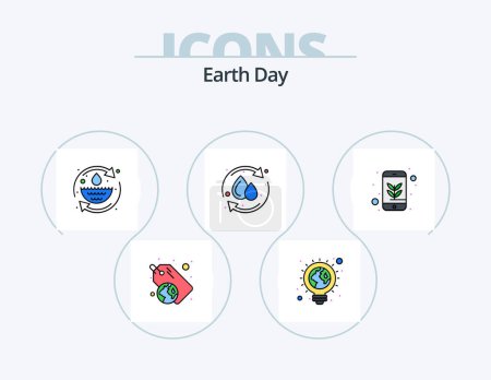 Téléchargez les illustrations : Earth Day Line Filled Icon Pack 5 Icon Design. tree. planet. bulb. green. web - en licence libre de droit