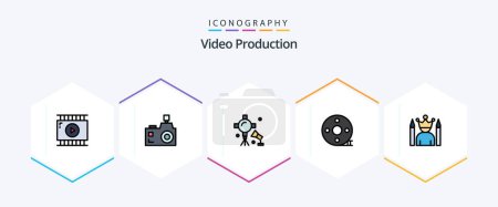 Illustration for Video Production 25 FilledLine icon pack including clapper. action clapper. photographer. studio lights. spotlight - Royalty Free Image