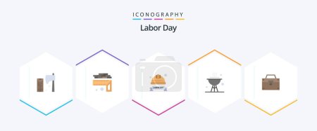 Illustration for Labor Day 25 Flat icon pack including dinner. cook. size. bbq. helmet - Royalty Free Image