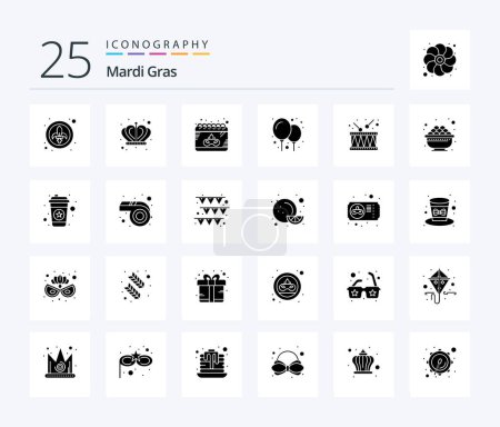 Illustration for Mardi Gras 25 Solid Glyph icon pack including music. instrument. date. drum. balloons - Royalty Free Image