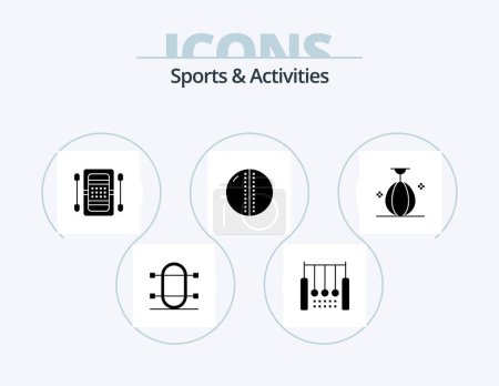 Téléchargez les illustrations : Sports and Activities Glyph Icon Pack 5 Icon Design. leather ball. cricket ball. ring. kayak. boat - en licence libre de droit