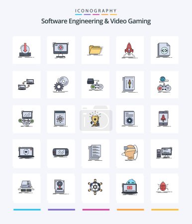 Téléchargez les illustrations : Creative Software Engineering And Video Gaming 25 Line FIlled icon pack  Such As file. code. files. publish. shuttle - en licence libre de droit