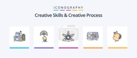 Téléchargez les illustrations : Creative Skills And Creative Process Line Filled 5 Icon Pack Including file. portfolio. lamp. keyboard. computer. Creative Icons Design - en licence libre de droit