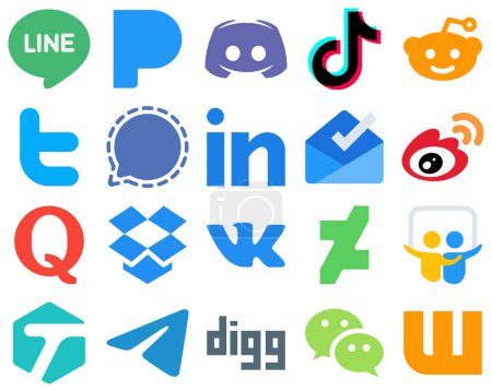 Illustration for 20 Flat Social Media Icons for a Minimalistic Design linkedin. mesenger. video. signal and twitter icons. Unique Gradient Icon Set - Royalty Free Image