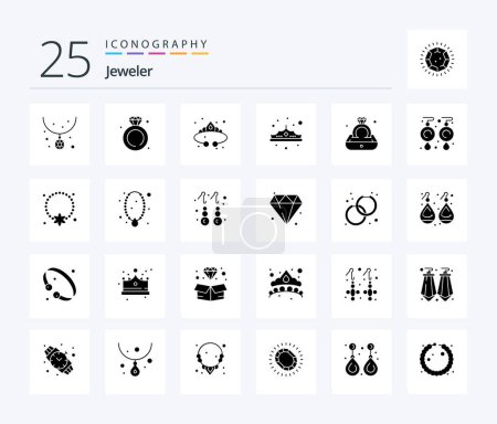Téléchargez les illustrations : Jewellery 25 Solid Glyph icon pack including earrings. ring. crown. jewelry. luxury - en licence libre de droit