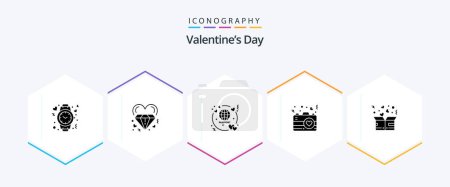 Téléchargez les illustrations : Valentines Day 25 Glyph icon pack including romance. heart. marriage. camera. ticket - en licence libre de droit