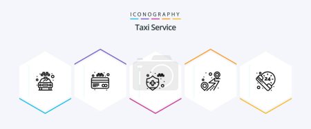Illustration for Taxi Service 25 Line icon pack including . call. car insurance. hours. route - Royalty Free Image