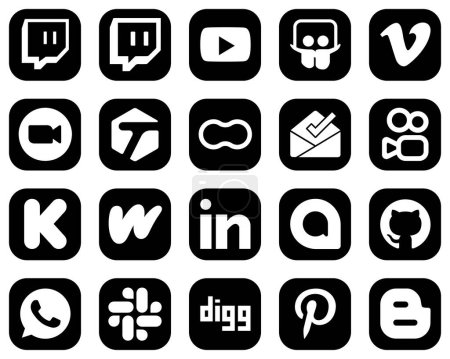 Illustration for 20 Professional White Social Media Icons on Black Background such as funding. kuaishou. meeting. inbox and mothers icons. High-resolution and fully customizable - Royalty Free Image