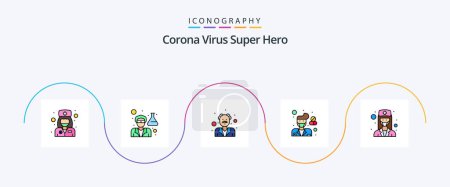 Ilustración de Corona Virus Super Hero Line Filled Flat 5 Icon Pack Including girl. pharmacy. avatar. pharmacist. male - Imagen libre de derechos