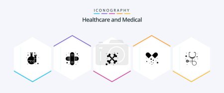 Illustration for Medical 25 Glyph icon pack including . stethoscope. skeleton. healthcare. open capsule - Royalty Free Image