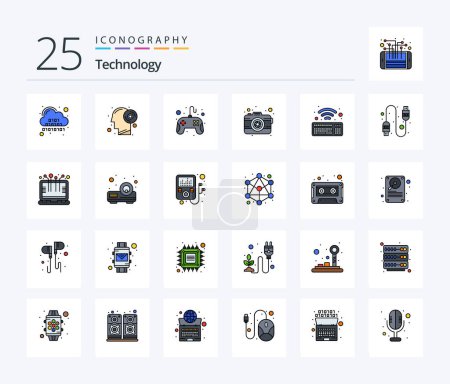 Téléchargez les illustrations : Technology 25 Line Filled icon pack including keyboard. photography. productivity. photo. pad - en licence libre de droit