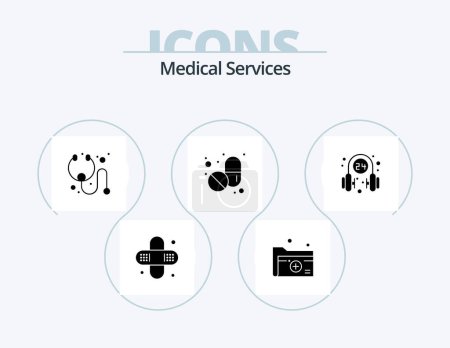 Illustration for Medical Services Glyph Icon Pack 5 Icon Design. service. medical. cure. headphone. pills - Royalty Free Image